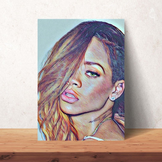 rihanna coloured drawing portrait digital download with brown and black curly hair