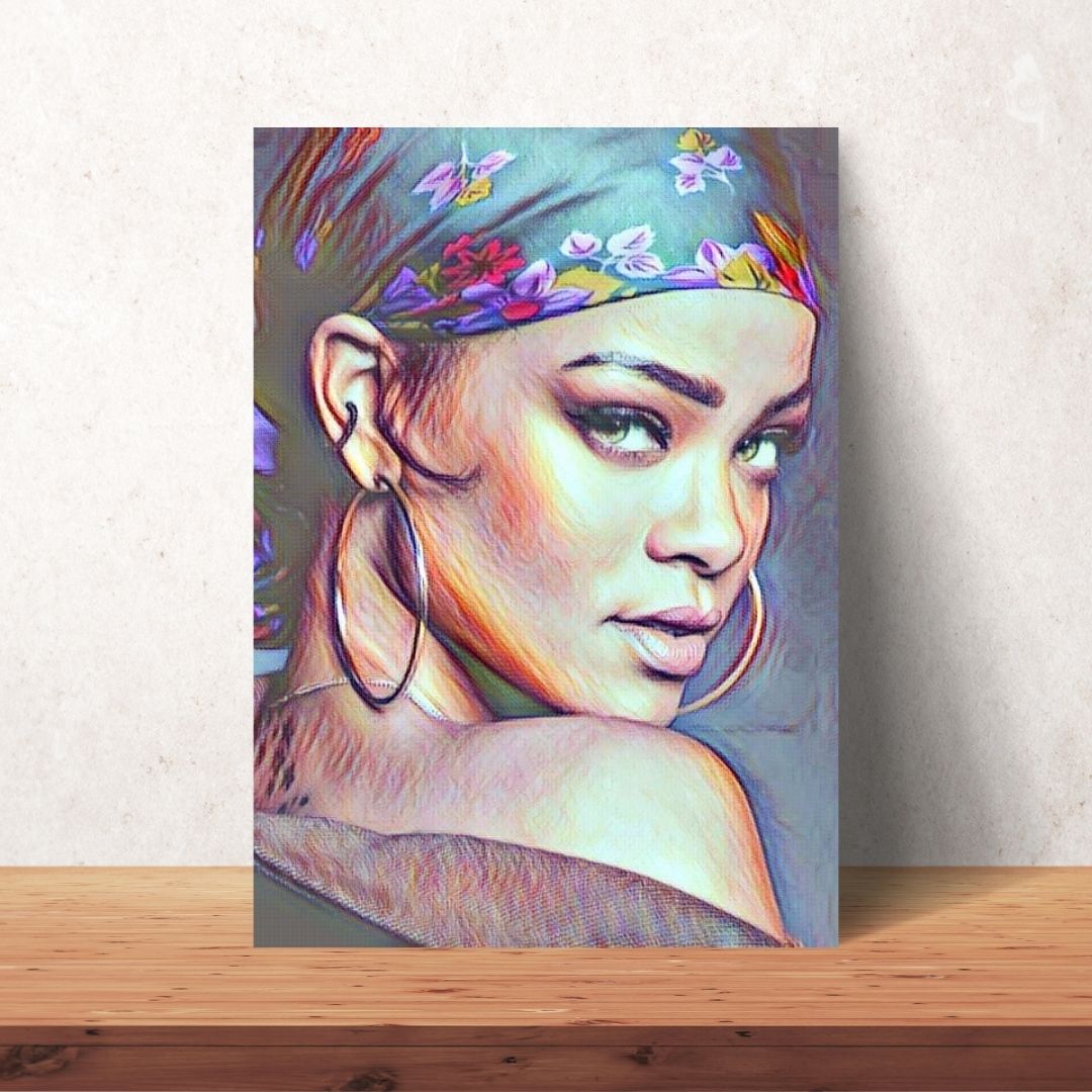 close up coloured drawing portrait poster of rihanna with bandana and hoop earrings