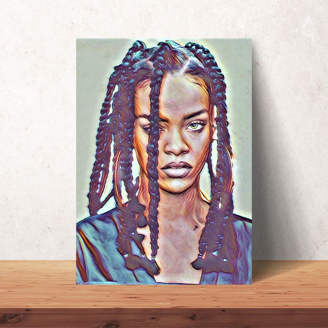 Rihanna coloured drawing portrait with black braided hair as a digital download