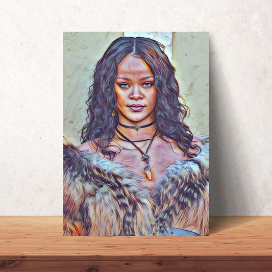 rihanna coloured drawing portrait with long curly black hair and a fur coat digital download