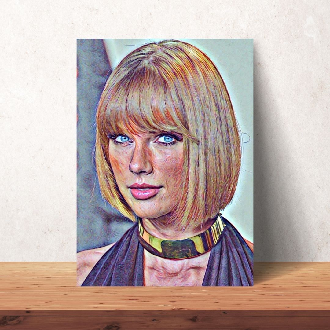 realistic portrait digital download of a coloured drawing of taylor swift with a short bob haircut