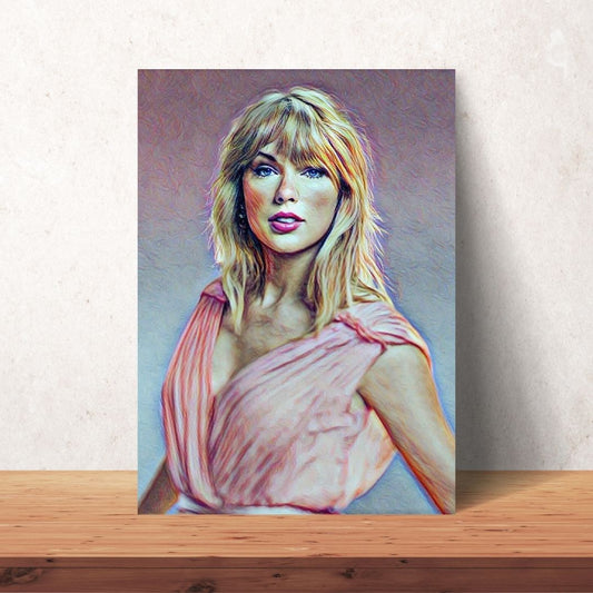 taylor swift portrait in a pink dress and blond hair coloured pencil downloadable