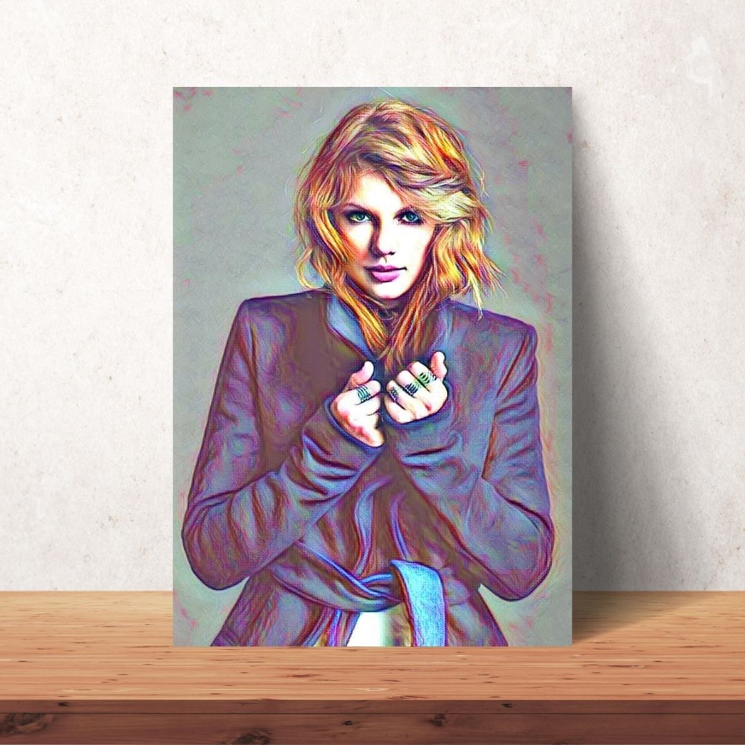 coloured drawing portrait as a digital download of taylor swift with hair open and a cosy coat