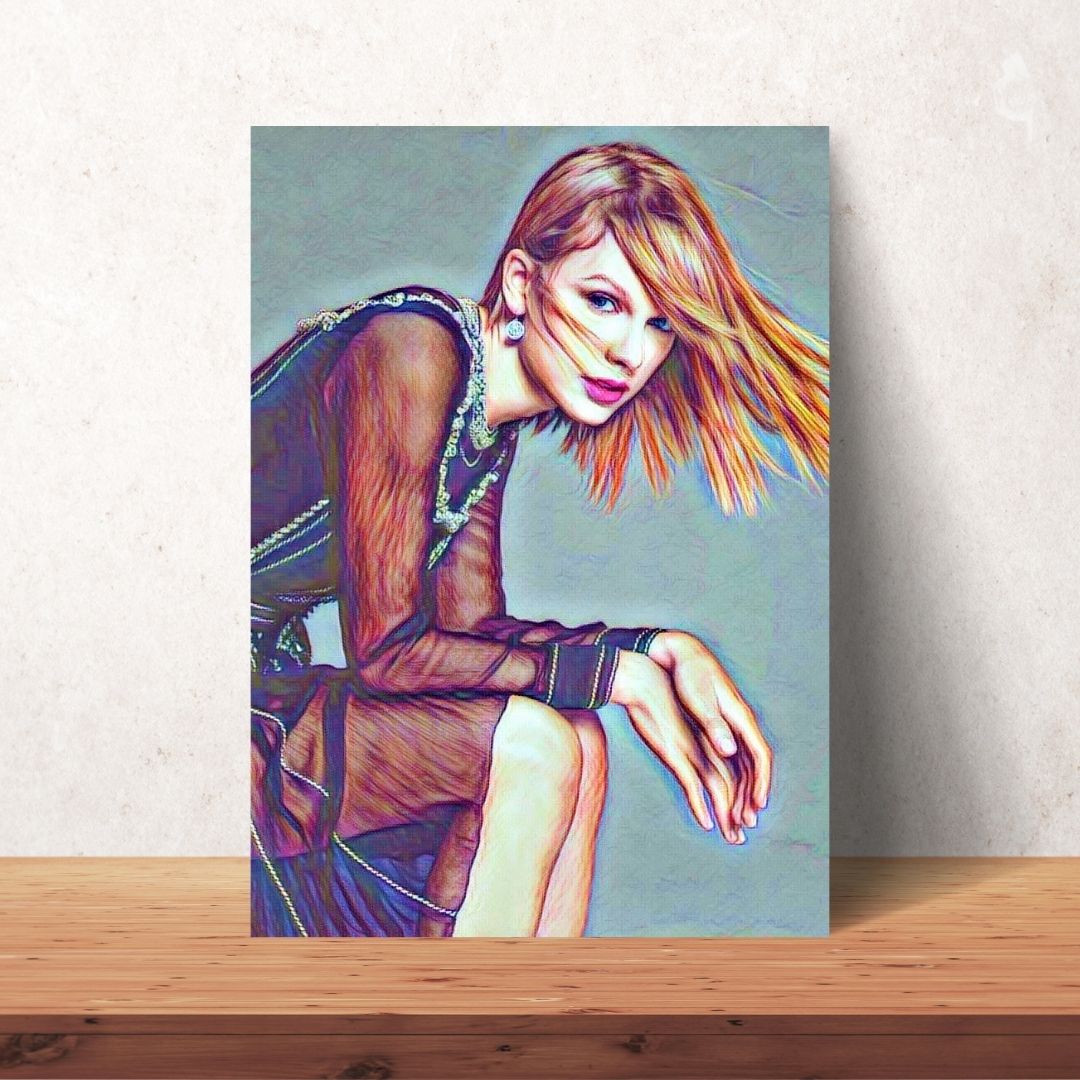 coloured drawing portrait of taylor swift with a black dress and short hair as digital download