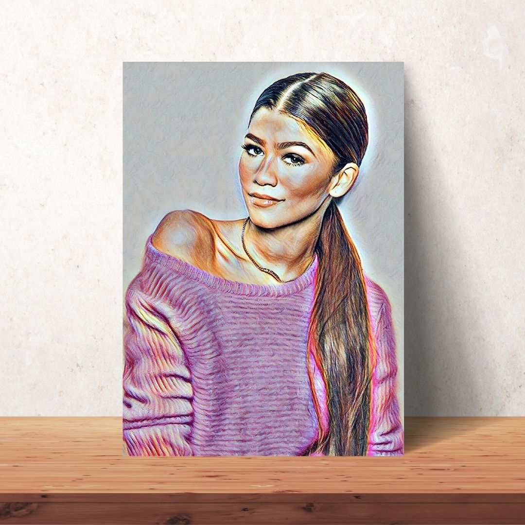 coloured drawing art of Zendaya Coleman with a cosy pink jumper and brown hair tied back. This realistic portrait is available to download